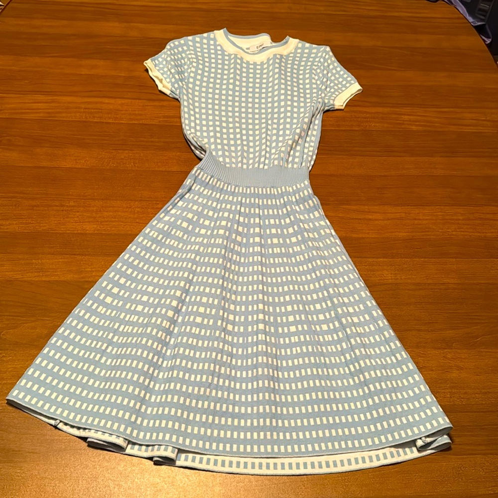 Unique-Vintage retro mod 60s-style knit dress blue white checker print Mad Men